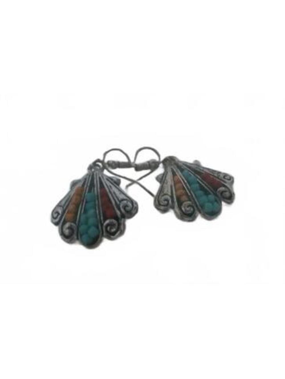 Vintage Tribal Dangle Earrings, Alpaca Silver Boho Shell Inlay Turquoise Coral